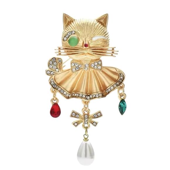 BRUSHED GOLDTONE CAT BROOCH - Picture 1 of 4